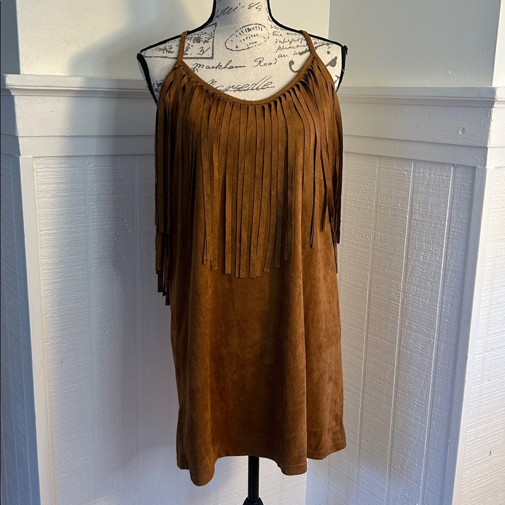Sans Souci Faux Suede Brown Fringe Mini Dress size Women’s Medium, Tuscan mom